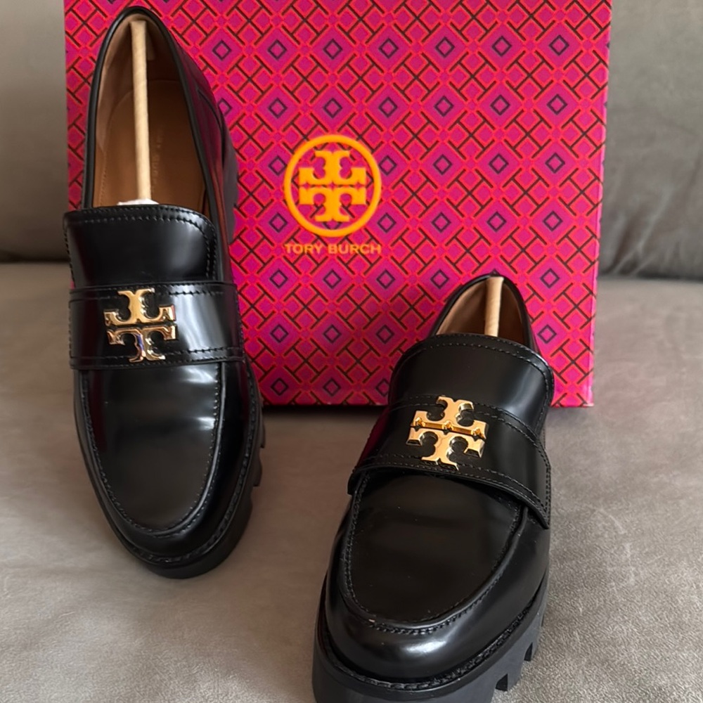 Tory Burch Black and Gold Loafers